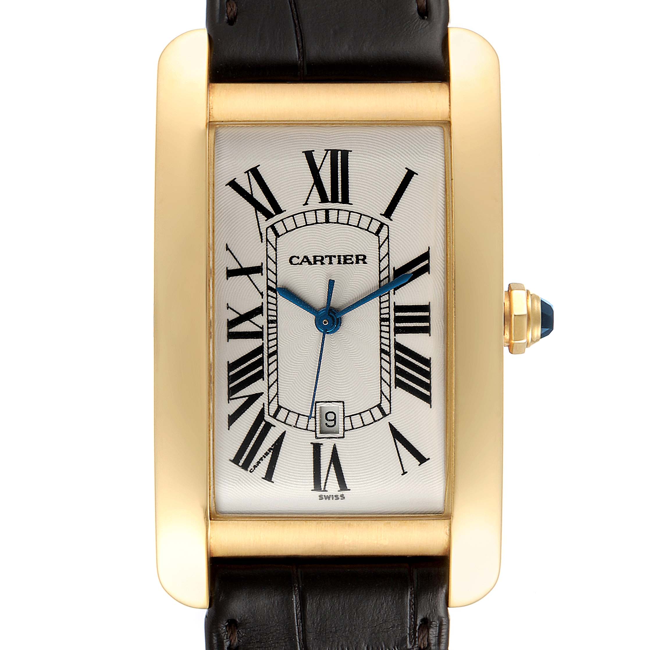 The image shows a Cartier Tank Americaine W2603156 Men's Yellow Gold Silver Dial W2603156 Men's Yellow Gold Silver Dial watch from a front angle, highlighting its rectangular face and leather strap.