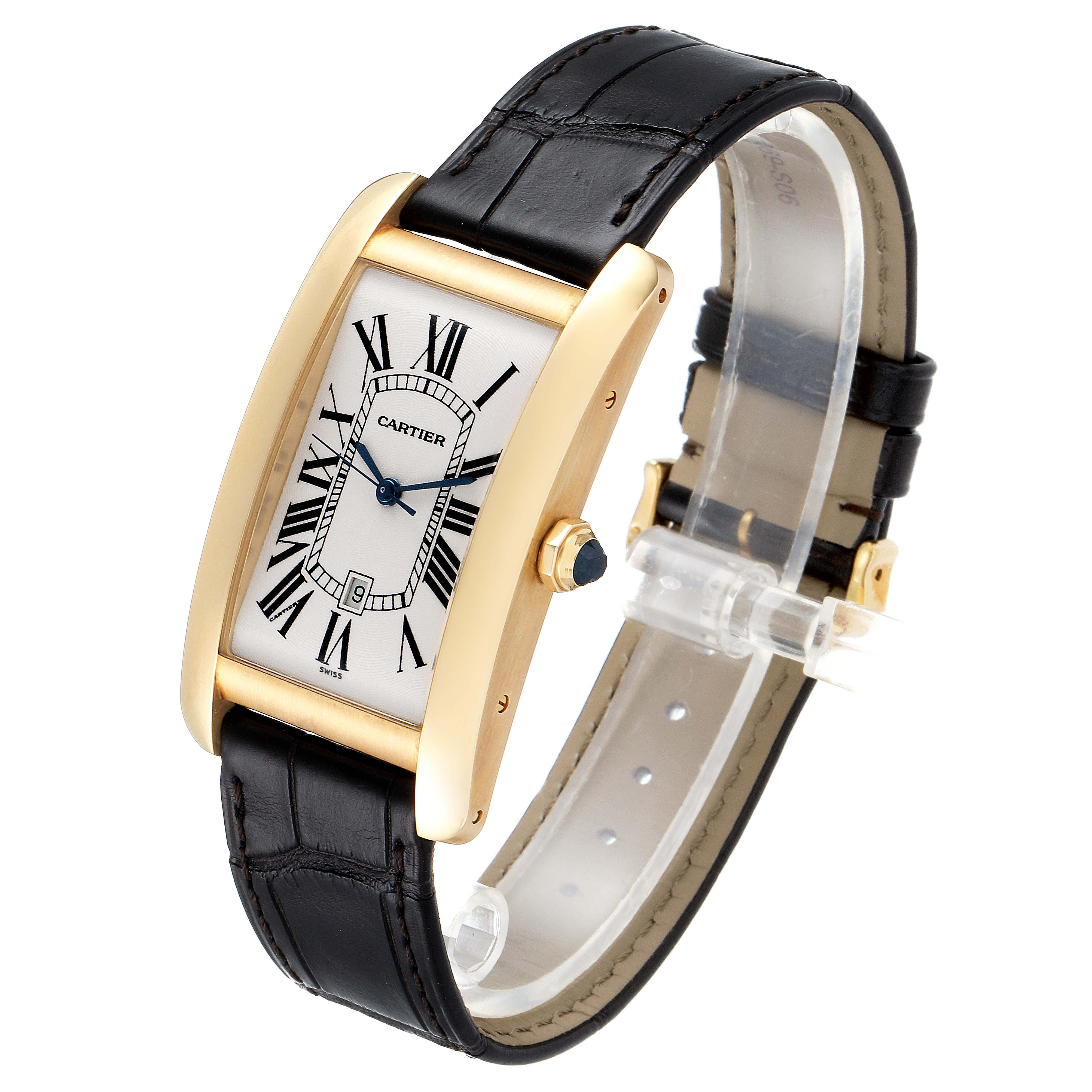 The Cartier Tank Americaine W2603156 Men's Yellow Gold Silver Dial W2603156 Men's Yellow Gold Silver Dial watch is shown at a slight angle, displaying its rectangular dial, gold case, and black leather strap.