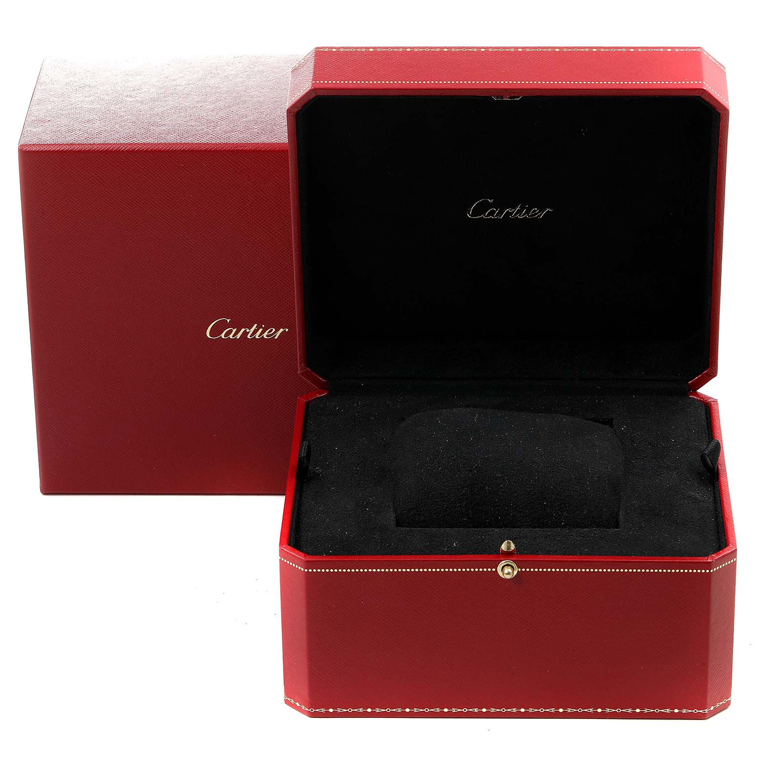 The image shows an open red Cartier box for the Tank Americaine model watch, displaying its interior lining and pillow.