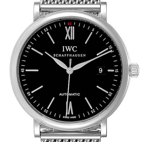 The image shows a frontal view of the IWC Portofino IW356506 Men's Stainless Steel Black Dial IW356506 Men's Stainless Steel Black Dial watch, highlighting its black dial, silver markers, date display, and mesh strap.
