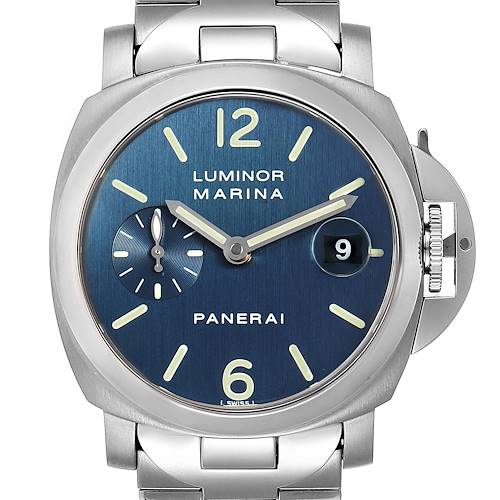 This image shows a frontal view of the Panerai Luminor PAM00120 Men's Stainless Steel Blue Dial PAM00120 Men's Stainless Steel Blue Dial Marina watch, featuring its blue dial, date window, and stainless steel bracelet.