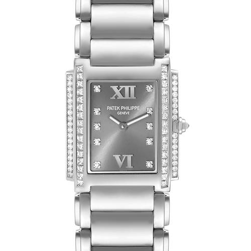 This image shows a Patek Philippe Twenty-4 4910/20 Women's White Gold Grey Dial 4910/20 Women's White Gold Grey Dial watch taken from a front angle, displaying the face, bezel, and bracelet.