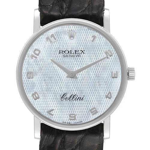 The image shows a front view of the Rolex Cellini 5115 Men's White Gold Mother of Pearl Dial 5115 Men's White Gold Mother of Pearl Dial watch, highlighting its face, hands, and part of the strap.