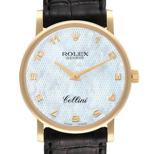 The image shows a front view of the Rolex Cellini 5115 Men's Yellow Gold Mother of Pearl Dial 5115 Men's Yellow Gold Mother of Pearl Dial watch, displaying its face, hands, and part of the leather strap.