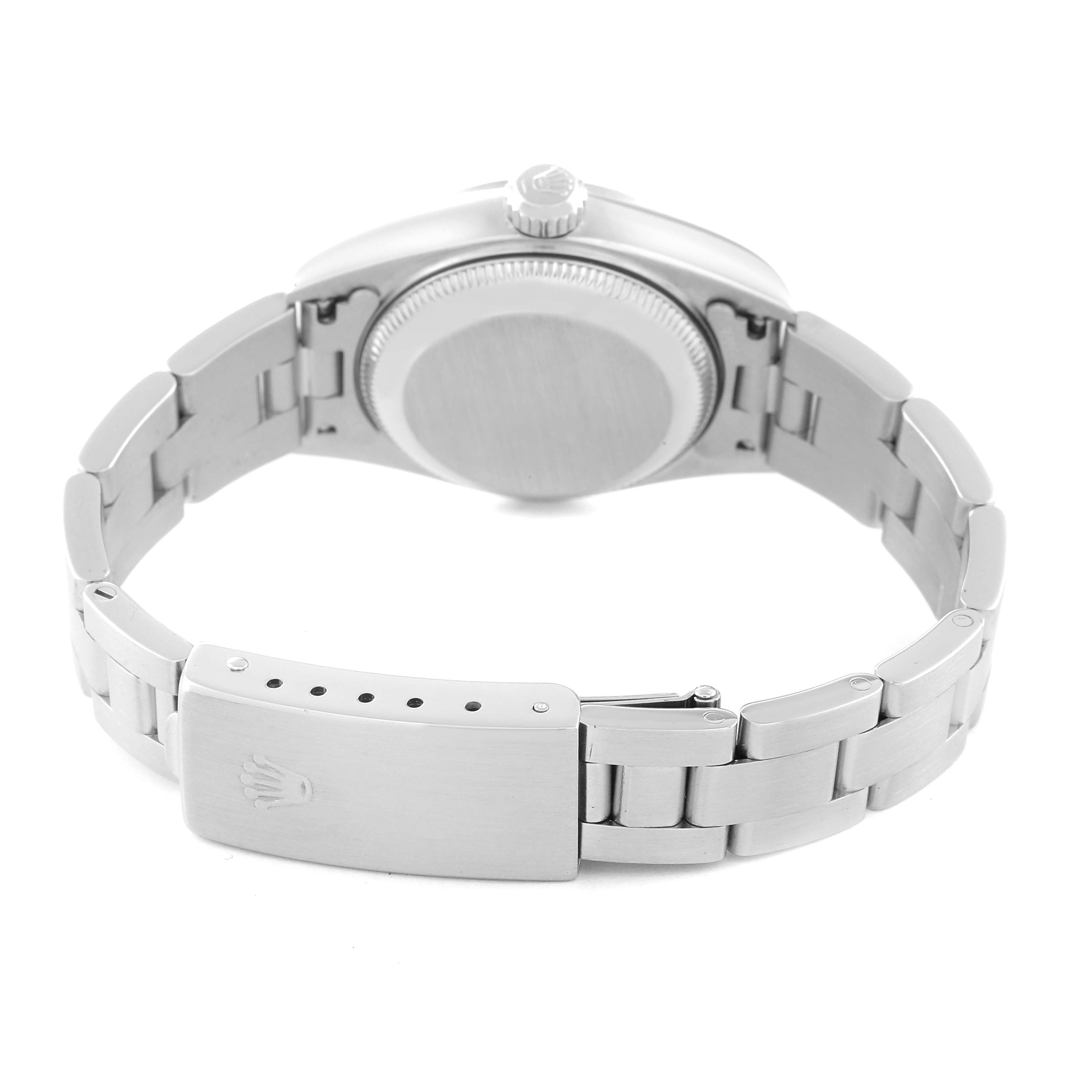 The image shows the rear view of a Rolex Date 79160 Women's Stainless Steel White Dial 79160 Women's Stainless Steel White Dial model watch, displaying the closed clasp and case back.