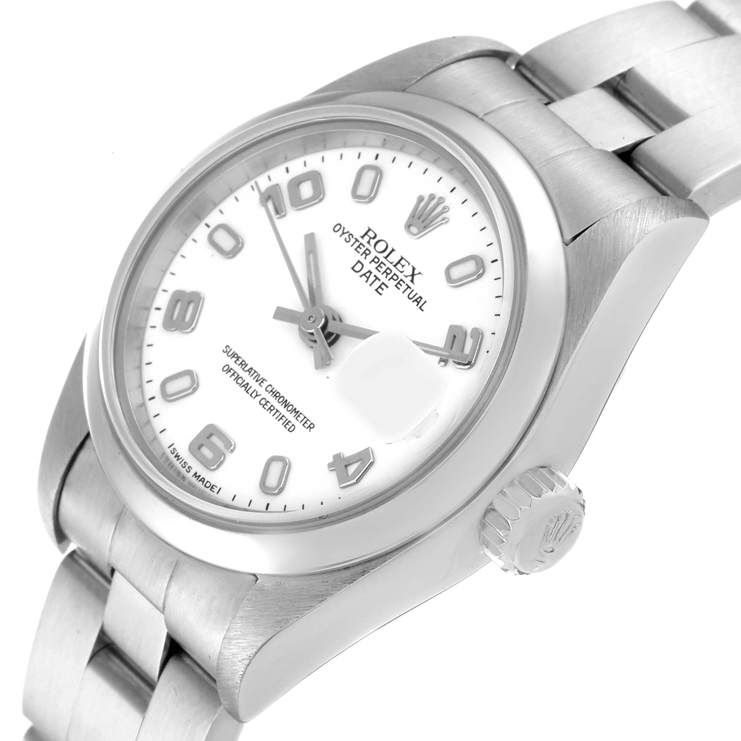 This is a side view of the Rolex Date 79160 Women's Stainless Steel White Dial 79160 Women's Stainless Steel White Dial model watch, showing the face, crown, and part of the bracelet.