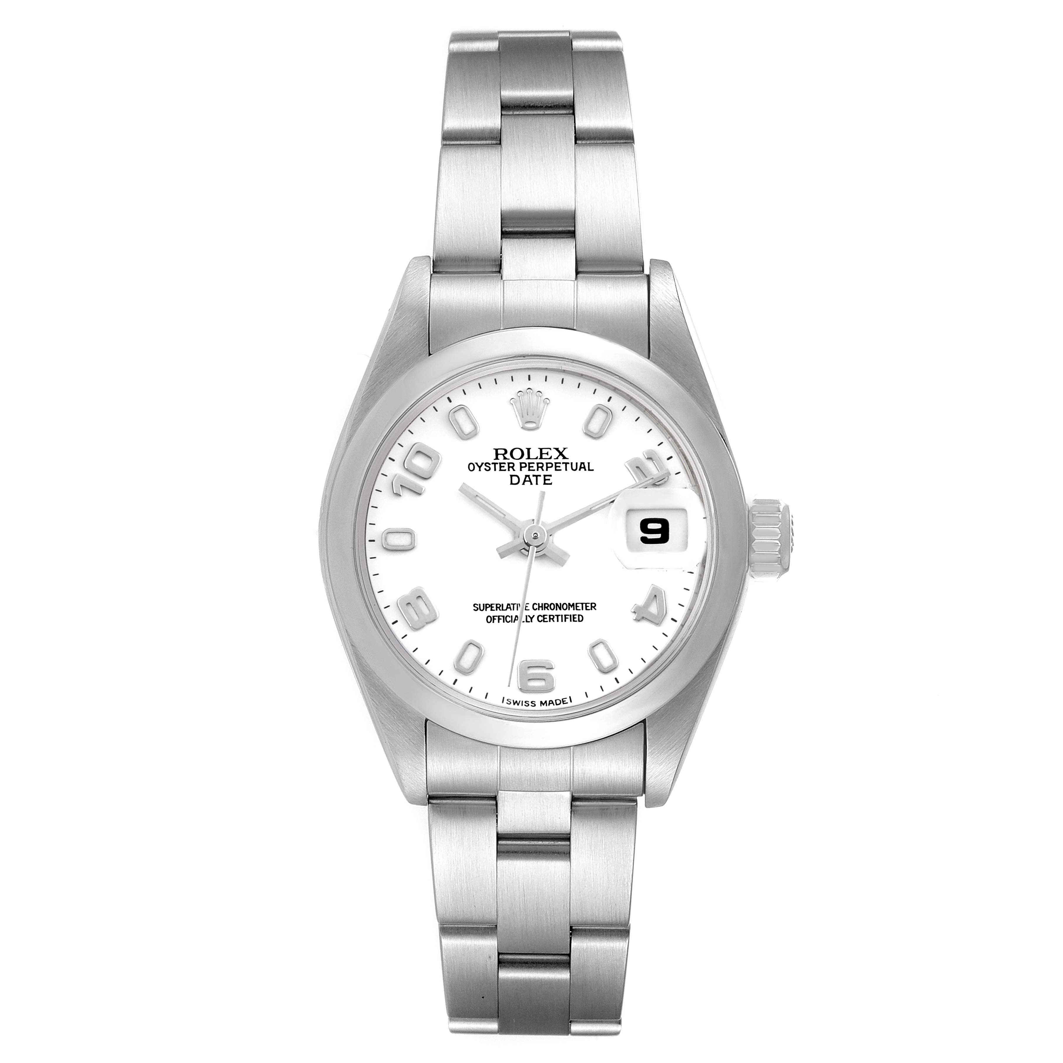 The image shows a front view of a Rolex Date 79160 Women's Stainless Steel White Dial 79160 Women's Stainless Steel White Dial model watch, displaying the face, bracelet, and crown.