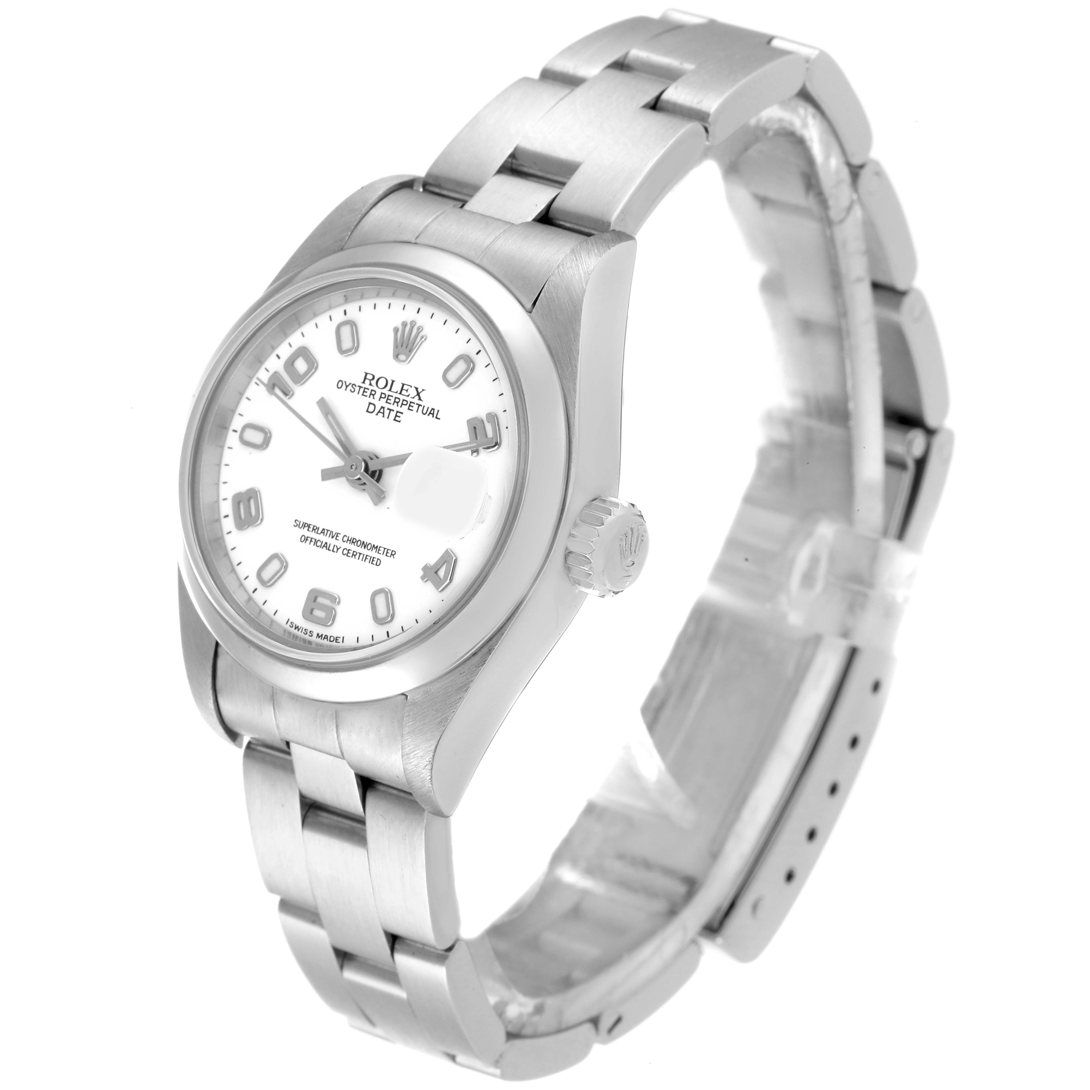 This image shows a Rolex Date 79160 Women's Stainless Steel White Dial 79160 Women's Stainless Steel White Dial model watch at a three-quarter angle, highlighting its face, bezel, and bracelet.