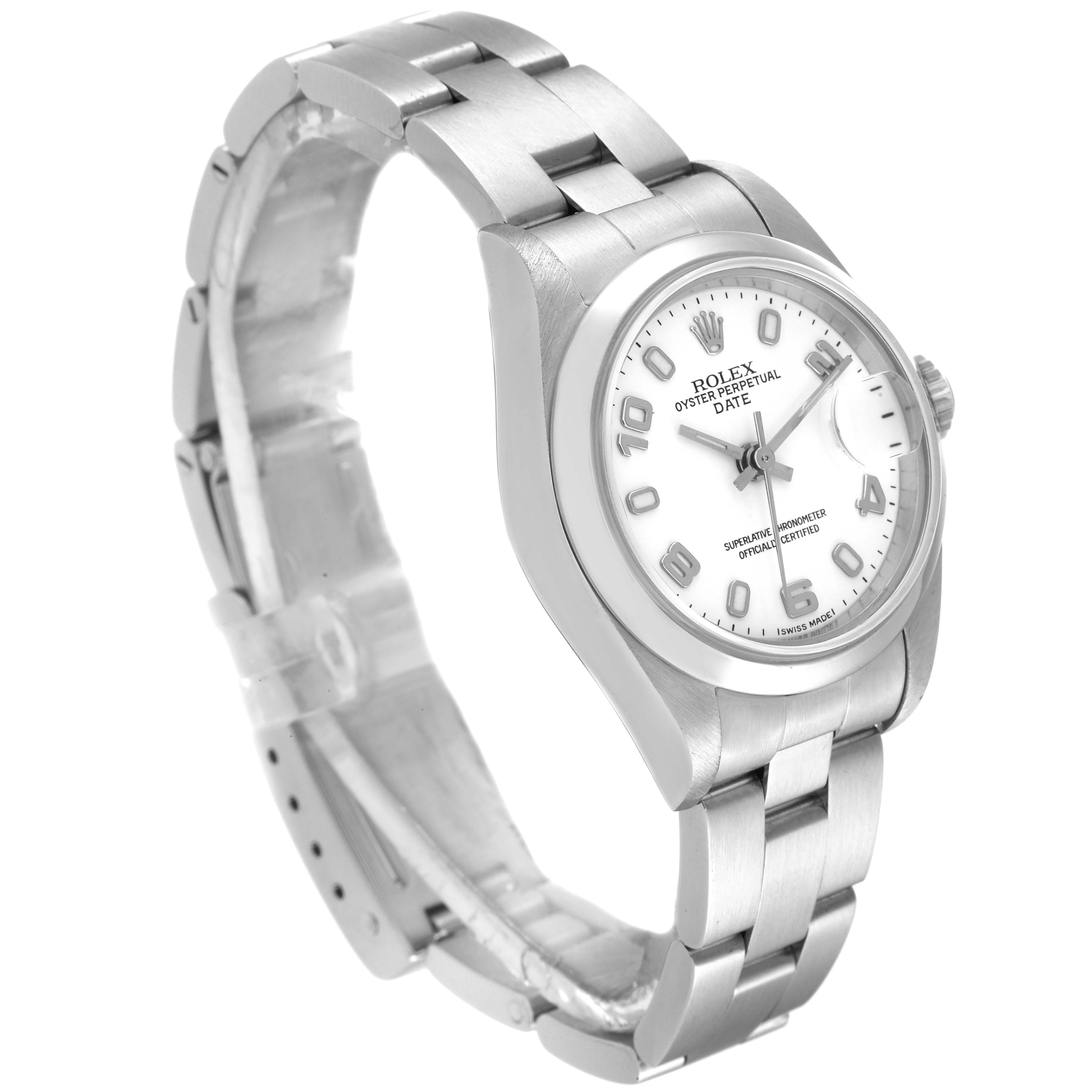 The image shows a Rolex Date 79160 Women's Stainless Steel White Dial 79160 Women's Stainless Steel White Dial model watch from a three-quarter angle, highlighting its face, bracelet, and clasp.