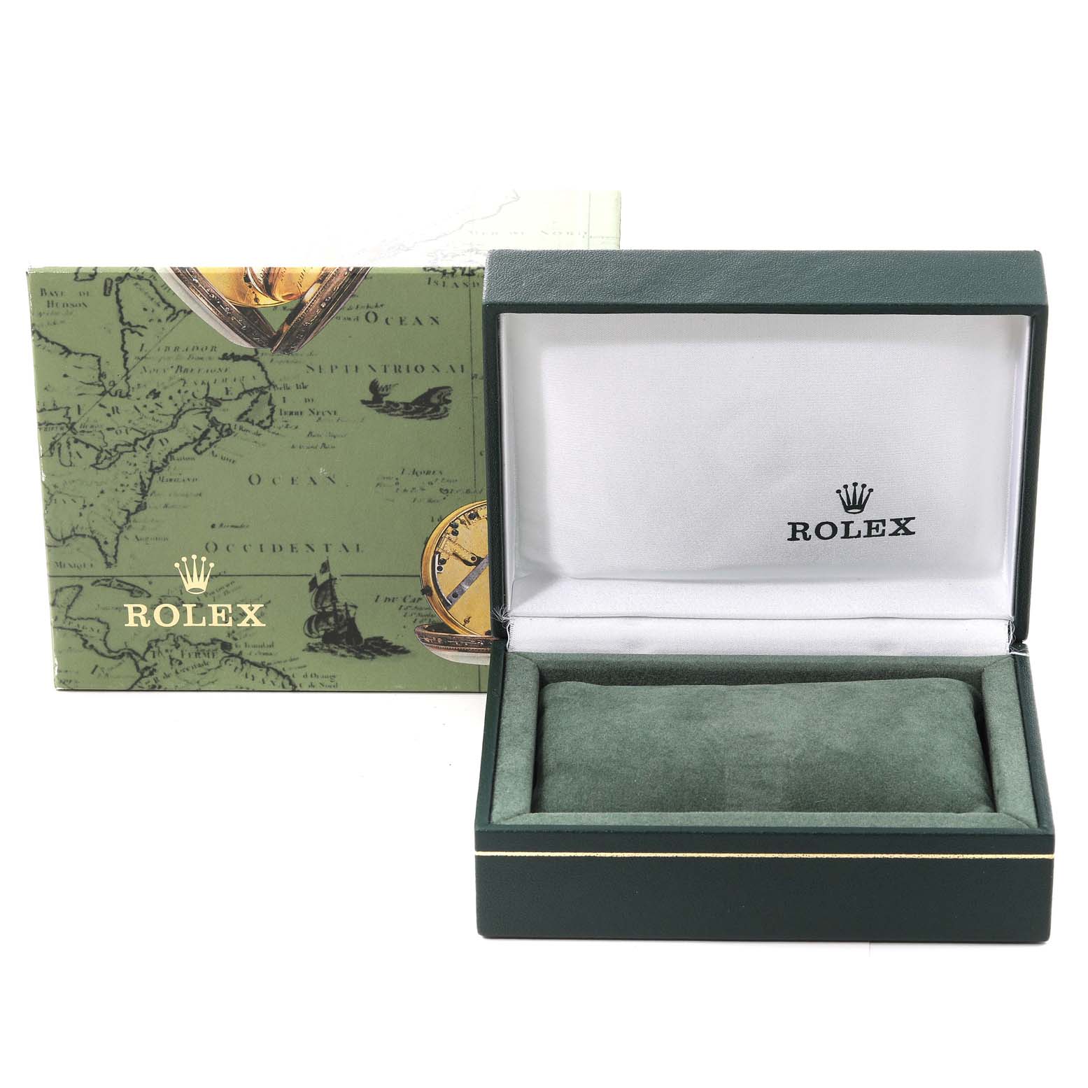 The image shows an open box and outer packaging for a Rolex Date 79160 Women's Stainless Steel White Dial 79160 Women's Stainless Steel White Dial model watch, displaying the brand's logo inside the box.