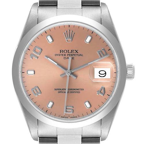 This image shows a front view of a Rolex Date 15200 Men's Stainless Steel Pink Dial 15200 Men's Stainless Steel Pink Dial model watch, highlighting its dial, hands, date window, and part of the bracelet.