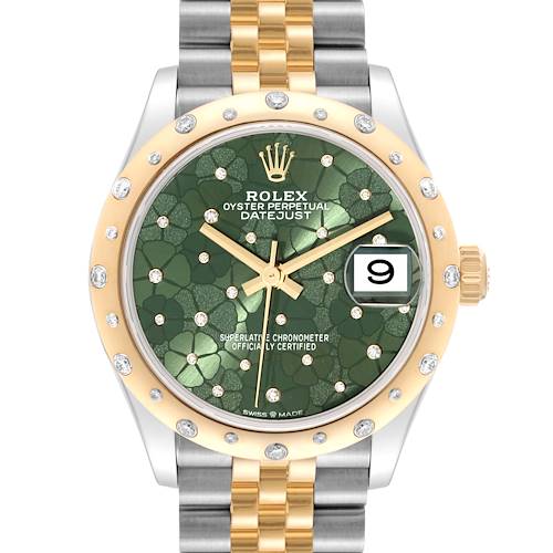The image shows a frontal view of a Mid-Size Rolex Datejust, featuring a green dial, diamond markers, a gold bezel, and a two-tone bracelet.