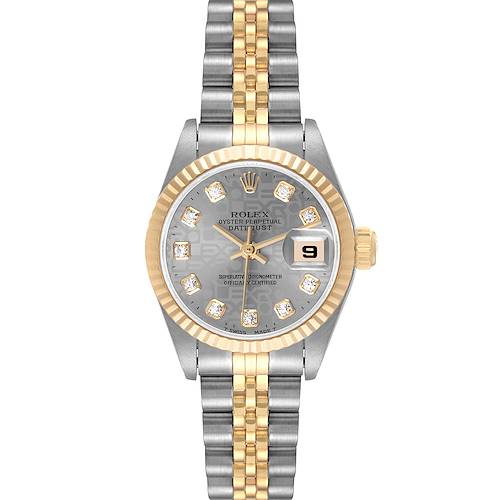 The image shows a front view of a Rolex Datejust 69173 Women's Steel and Gold (two tone) Grey Dial 69173 Women's Steel and Gold (two tone) Grey Dial, highlighting its dial, fluted bezel, and two-tone Jubilee bracelet.