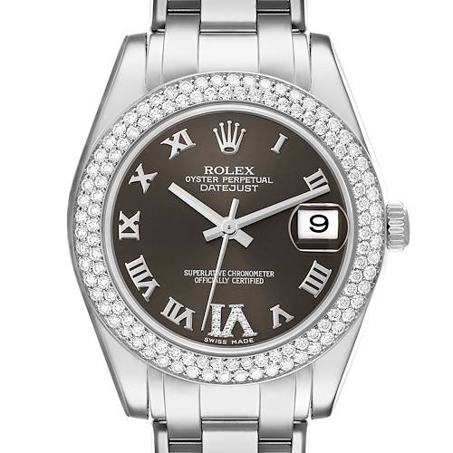 The image shows a front view of a Rolex Pearlmaster 81339 Women's White Gold Brown Dial 81339 Women's White Gold Brown Dial watch with a diamond bezel and a date display.