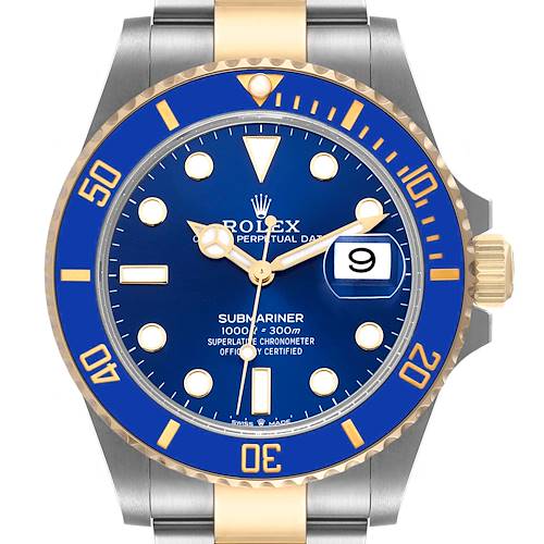This image shows a front view of the Rolex Submariner 126613 Men's Steel and Gold (two tone) Blue Dial 126613 Men's Steel and Gold (two tone) Blue Dial watch, highlighting its blue dial, gold accents, and date display.