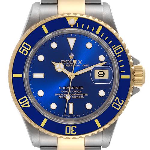 This image shows a front view of the Rolex Submariner 16613 Men's Steel and Gold (two tone) Blue Dial 16613 Men's Steel and Gold (two tone) Blue Dial watch, highlighting its blue dial, gold accents, and date window.