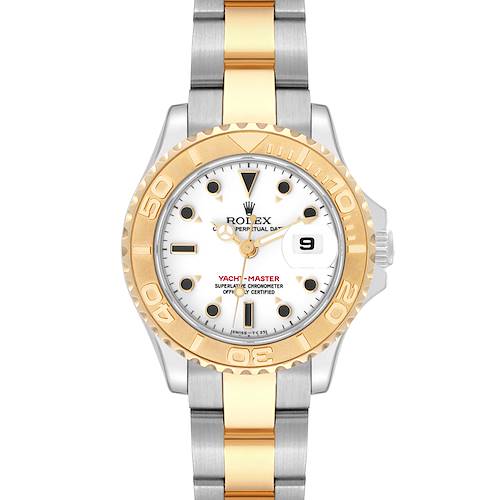 The Rolex Yacht-Master 69623 Women's Steel and Gold (two tone) White Dial 69623 Women's Steel and Gold (two tone) White Dial watch is shown from a top-down angle displaying its face, bezel, and bicolor bracelet.