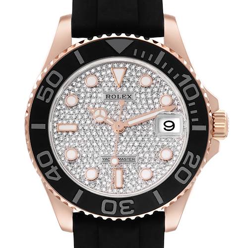 The image shows a frontal view of a Rolex Yacht-Master 268655 Men's Rose Gold Silver Dial 268655 Men's Rose Gold Silver Dial watch, featuring a diamond-studded dial and a black bezel.