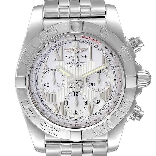 The image shows a front view of the Breitling Chronomat AB0110 Men's Stainless Steel White Dial AB0110 Men's Stainless Steel White Dial watch, highlighting its dial, bezel, chronograph sub-dials, and steel bracelet.