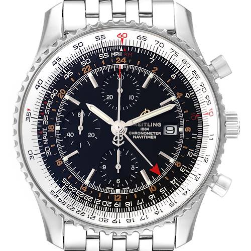 The image shows a frontal view of the Breitling Navitimer A24322 Men's Stainless Steel Black Dial A24322 Men's Stainless Steel Black Dial watch, highlighting its dial, bezel, and stainless steel bracelet.