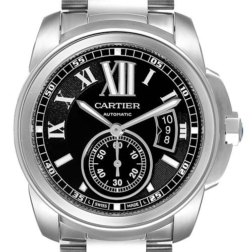 The image shows a front view of the Calibre de Cartier model by Cartier, highlighting the dial, bezel, and part of the bracelet.