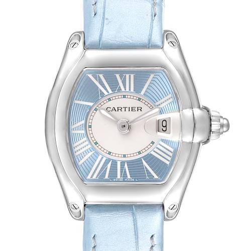 The image shows a frontal view of the Cartier Roadster W62053V3 Women's Stainless Steel Blue Dial W62053V3 Women's Stainless Steel Blue Dial watch, featuring its face, dial, hands, and light blue strap.