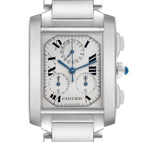 The Cartier Tank Française watch is shown from the front, displaying the face, hands, numerals, and part of the bracelet.