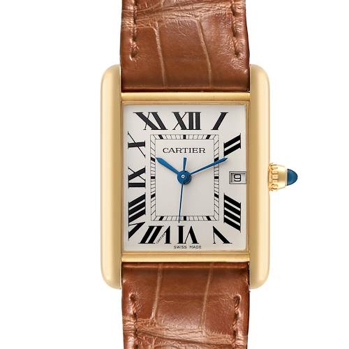 The Cartier Tank Louis W1529756 Men's White Gold Silver Dial W1529756 Men's White Gold Silver Dial watch is shown from a front angle displaying the face, brown leather strap, and side crown.