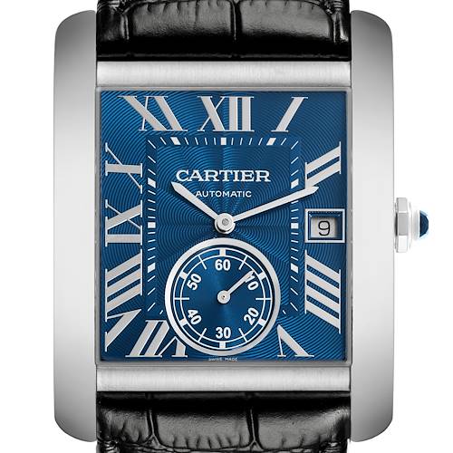 The Cartier Tank MC WSTA0010 Men's Stainless Steel Blue Dial WSTA0010 Men's Stainless Steel Blue Dial watch is shown from a front angle, highlighting the blue dial, Roman numerals, and date window.