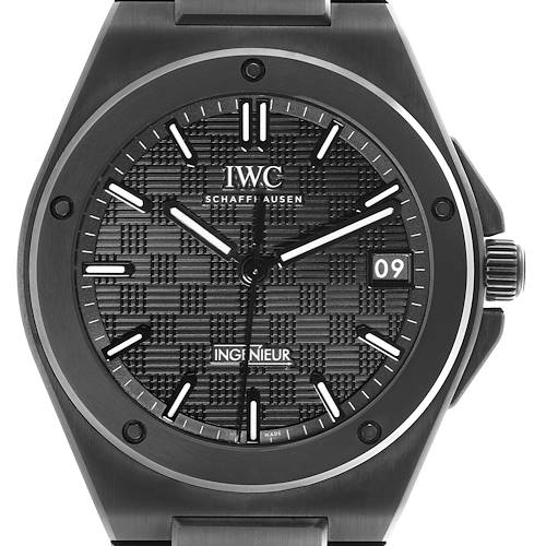 The IWC Ingenieur IW338903 Men's Ceramic Black Dial IW338903 Men's Ceramic Black Dial watch is shown from the front, displaying its textured dial, hour markers, hands, and date window.