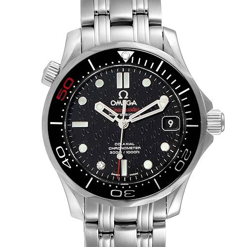 This image shows the Omega Seamaster 212.30.36.20.51.001 Men's Stainless Steel Black Dial 212.30.36.20.51.001 Men's Stainless Steel Black Dial watch from a front angle, displaying its face, bezel, dial, and part of the stainless steel bracelet.