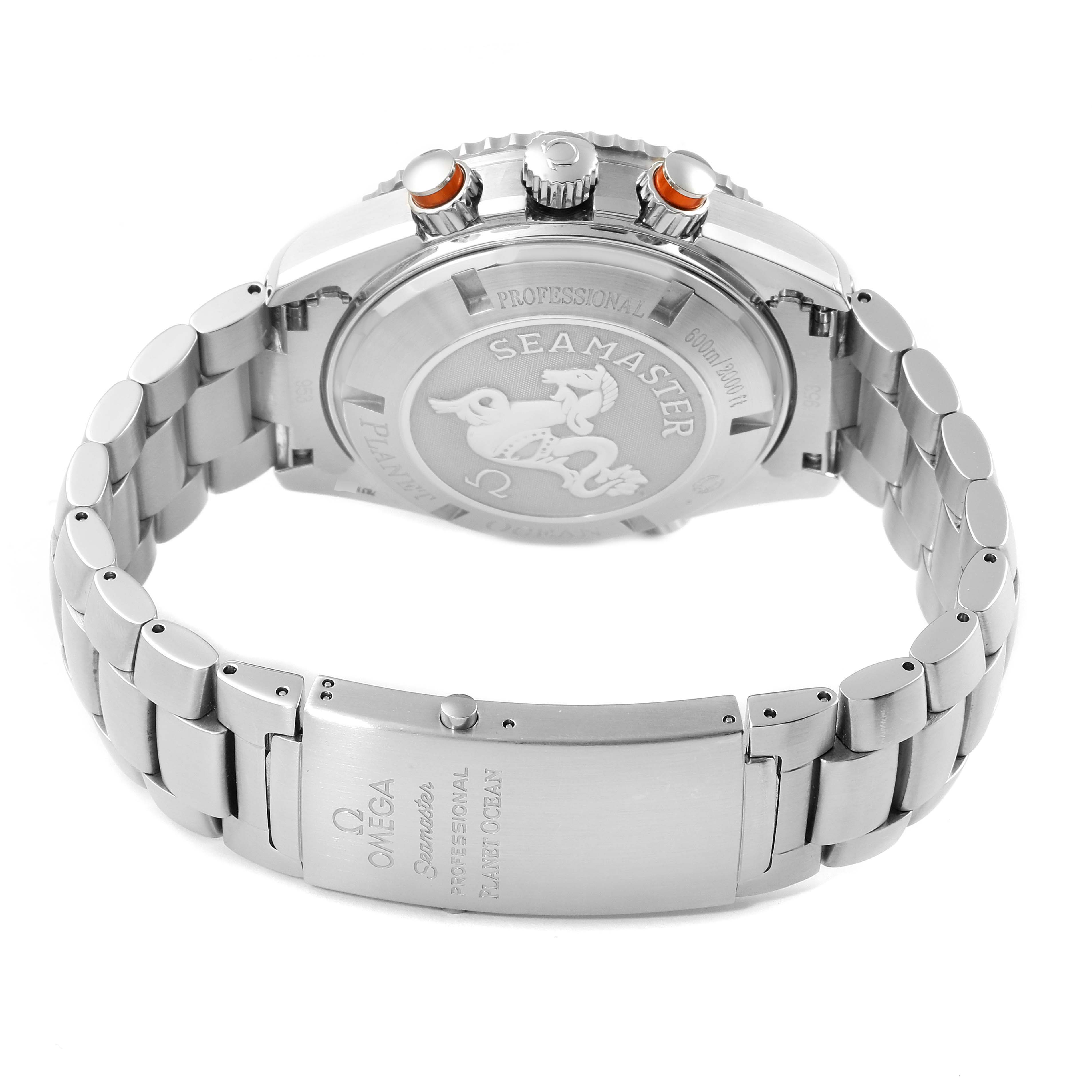 This image shows the back case and bracelet clasp of the Omega Planet Ocean 2218.50.00 Men's Stainless Steel Black Dial 2218.50.00 Men's Stainless Steel Black Dial Seamaster watch, highlighting the engraved details and buttons.