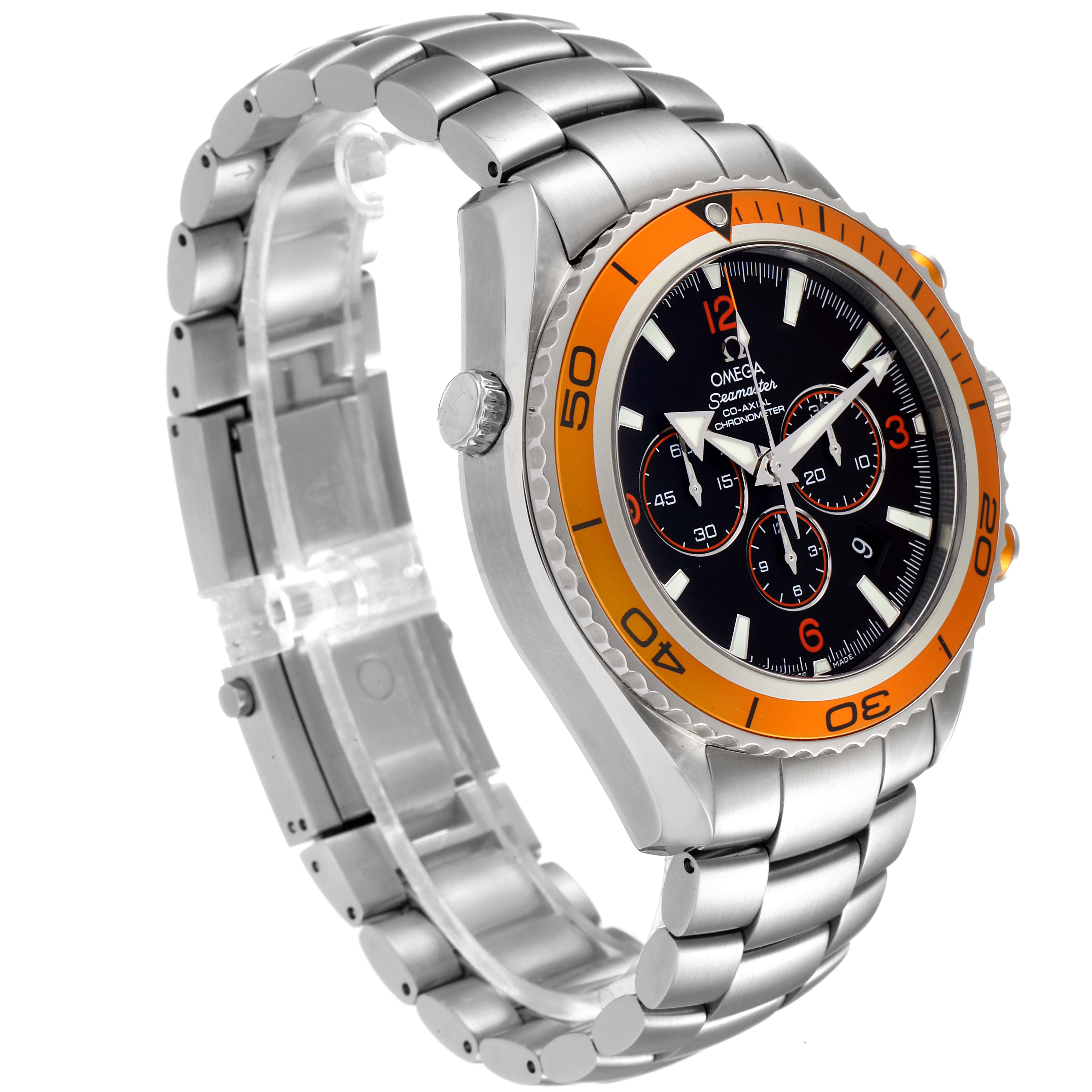 The image shows a side and front angle of the Omega Planet Ocean 2218.50.00 Men's Stainless Steel Black Dial 2218.50.00 Men's Stainless Steel Black Dial model watch, highlighting its orange bezel and metal bracelet.