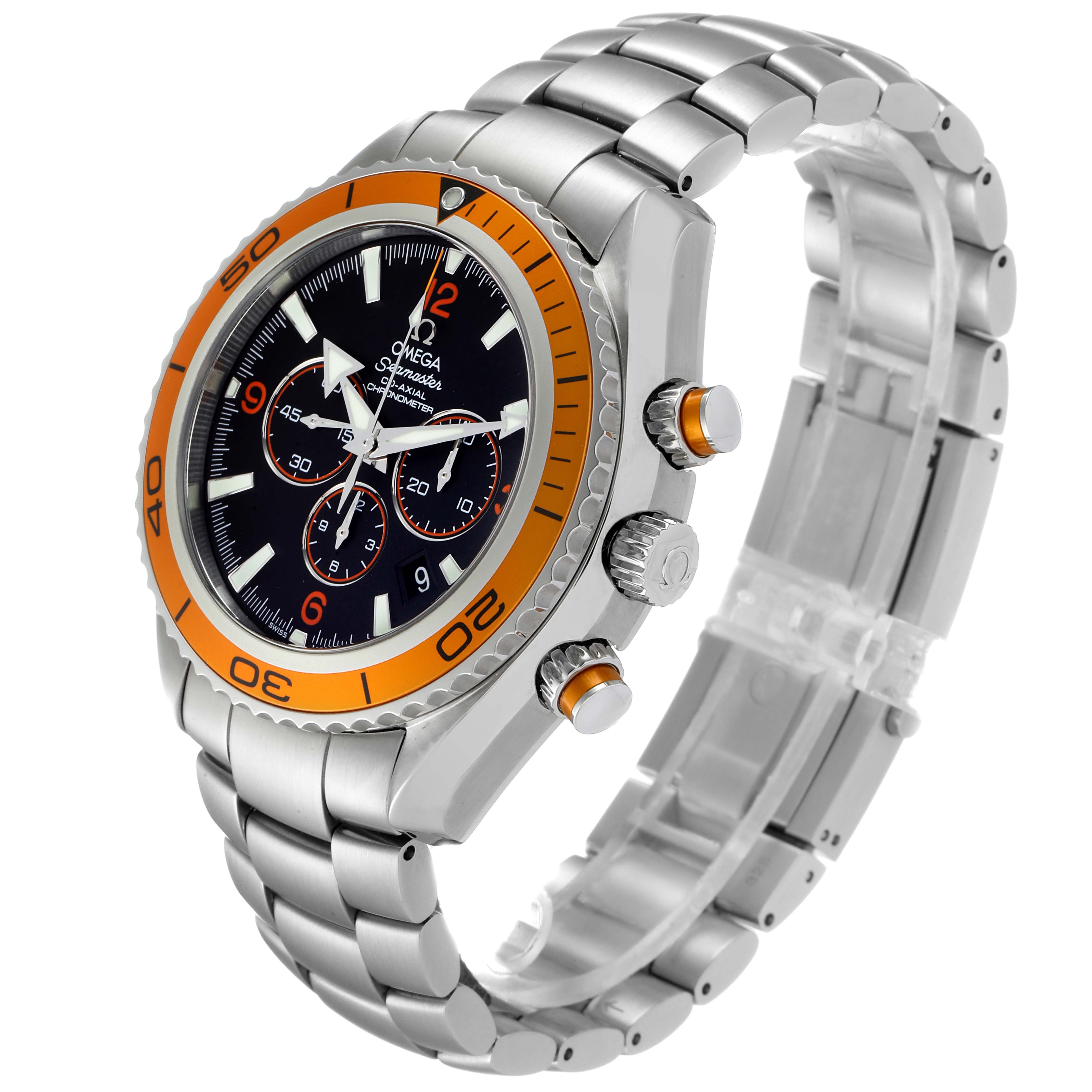 The Omega Planet Ocean 2218.50.00 Men's Stainless Steel Black Dial 2218.50.00 Men's Stainless Steel Black Dial watch is shown at an angle highlighting the face, bezel, crown, pushers, and metal bracelet.