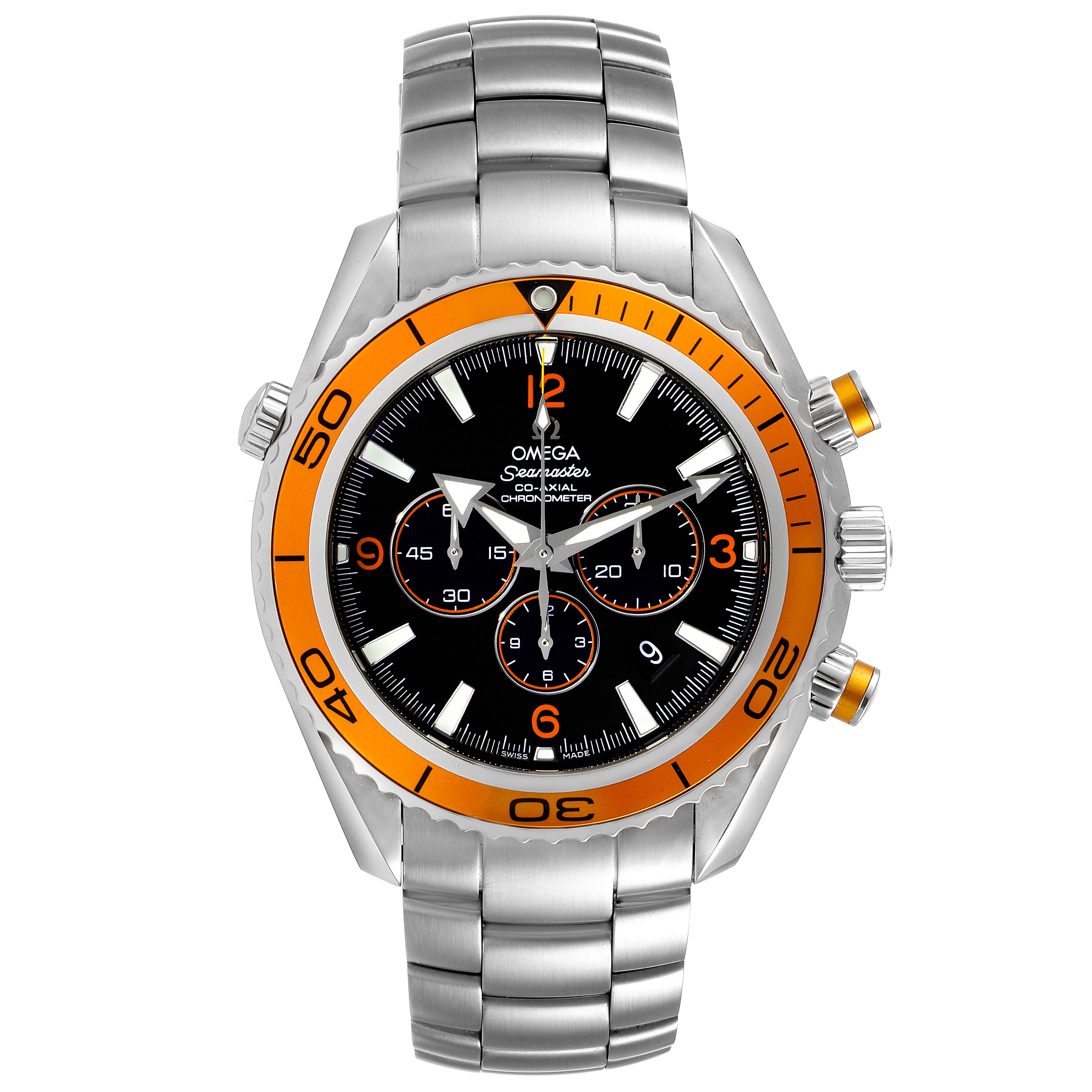 The Omega Planet Ocean 2218.50.00 Men's Stainless Steel Black Dial 2218.50.00 Men's Stainless Steel Black Dial model watch is shown from the front, highlighting its orange bezel, chronograph dials, and stainless steel bracelet.