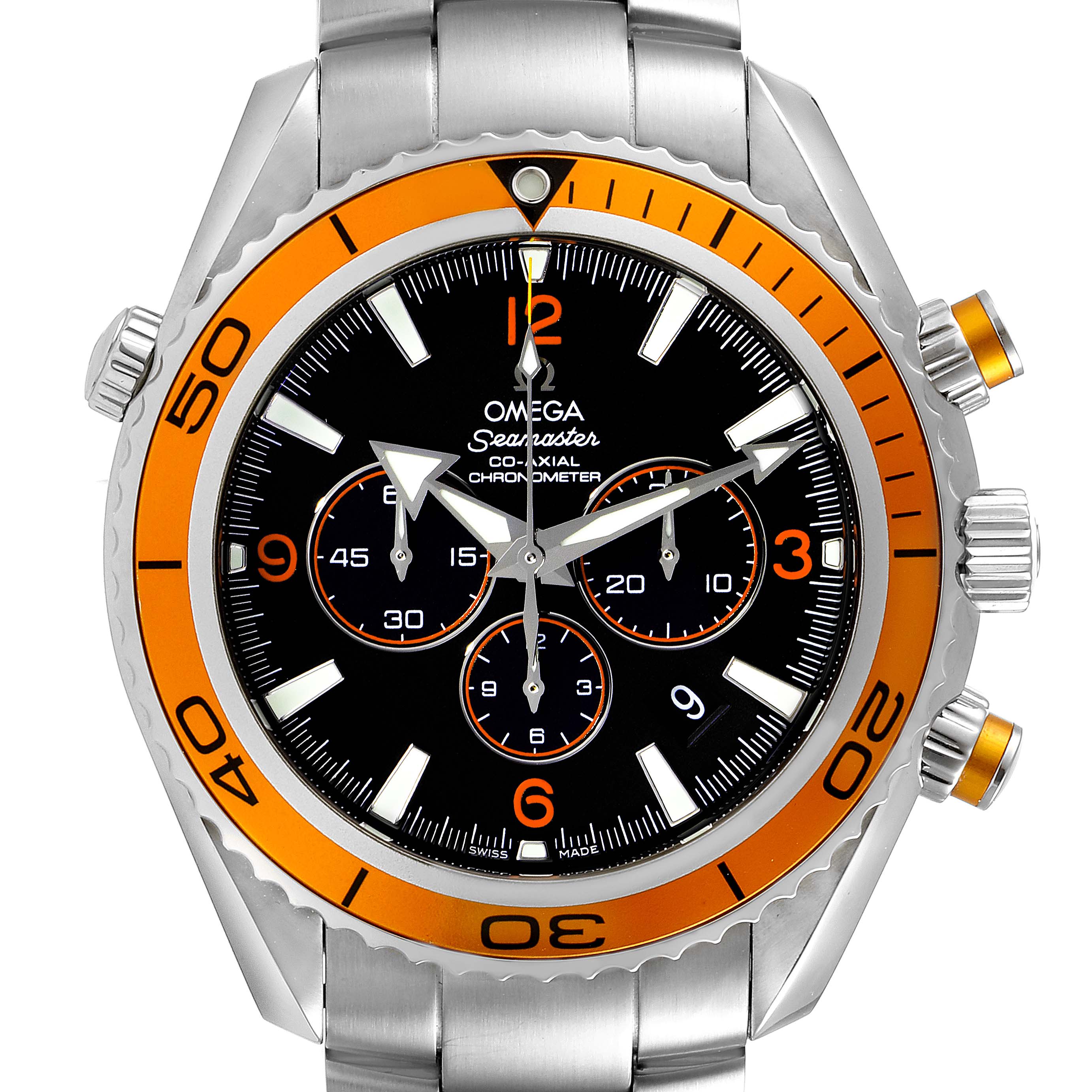 The image shows a frontal view of the Omega Planet Ocean 2218.50.00 Men's Stainless Steel Black Dial 2218.50.00 Men's Stainless Steel Black Dial model watch, highlighting the bezel, dial, hands, subdials, and crown.