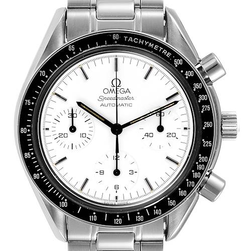 The Omega Speedmaster 3510.20.00 Men's Stainless Steel White Dial 3510.20.00 Men's Stainless Steel White Dial watch is shown from a front angle, displaying the face, bezel, and stainless steel bracelet.