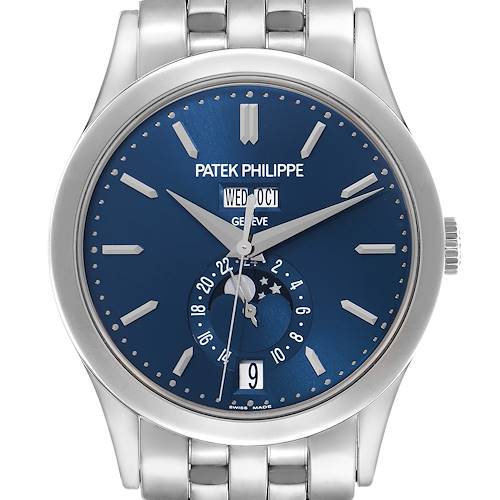 The Patek Philippe Complications 5396/1G-001 Men's White Gold Blue Dial 5396/1G-001 Men's White Gold Blue Dial watch is shown from the front, highlighting its blue dial and stainless steel bracelet.