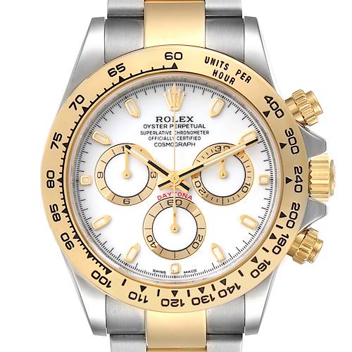 The Rolex Daytona 116503 Men's Steel and Gold (two tone) White Dial 116503 Men's Steel and Gold (two tone) White Dial watch is shown from the front, highlighting its face, bezel, and chronograph features.