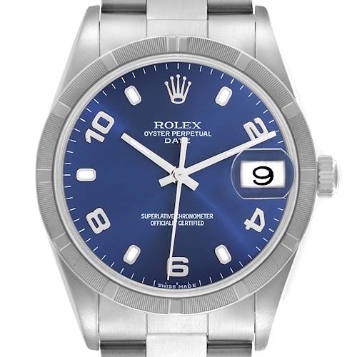 The Rolex Date 15210 Men's Stainless Steel Blue Dial 15210 Men's Stainless Steel Blue Dial watch is shown from a front angle, highlighting the blue dial, bezel, crown, and bracelet.
