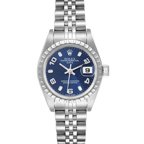 The Rolex Date 79240 Women's Stainless Steel Blue Dial 79240 Women's Stainless Steel Blue Dial watch is shown from a front angle, displaying its blue dial, numerals, date window, and silver bracelet.