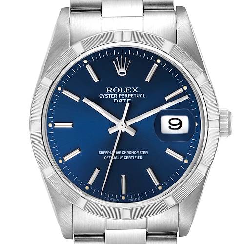 The image shows a front view of the Rolex Oyster Perpetual Date model watch, highlighting its blue dial and date display.