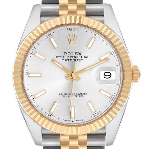 The Rolex Datejust 41 126333 Men's Steel and Gold (two tone) Silver Dial 126333 Men's Steel and Gold (two tone) Silver Dial watch is shown from a front view, displaying the gold fluted bezel, silver dial, and jubilee bracelet.