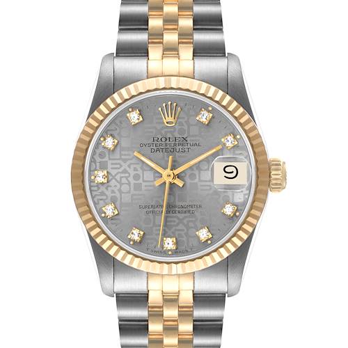 The image shows a front view of a Rolex Mid-Size 68273 Women's Steel and Gold (two tone) Grey Dial 68273 Women's Steel and Gold (two tone) Grey Dial Datejust watch, highlighting its bezel, dial, hands, crown, and bracelet.