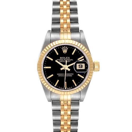 The Rolex Datejust 69173 Women's Steel and Gold (two tone) Black Dial 69173 Women's Steel and Gold (two tone) Black Dial watch is shown from the front, highlighting the black dial, gold bezel, and two-tone bracelet.