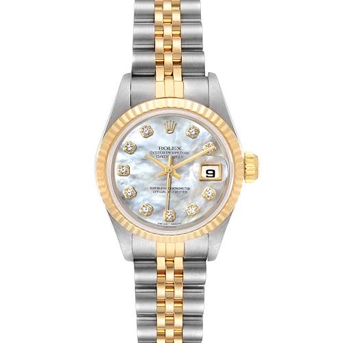 The image shows a Rolex Datejust 69173 Women's Steel and Gold (two tone) Mother of Pearl Dial 69173 Women's Steel and Gold (two tone) Mother of Pearl Dial watch from a front angle, displaying the face, fluted bezel, dial, and two-tone bracelet.