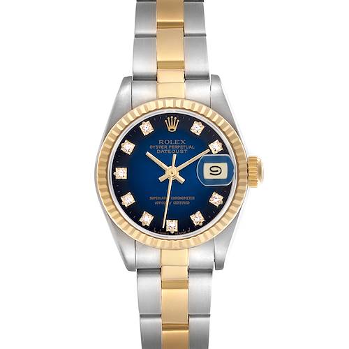 The Rolex Datejust 69173 Women's Steel and Gold (two tone) Blue Dial 69173 Women's Steel and Gold (two tone) Blue Dial watch is shown from a top-down angle, displaying the face, bezel, and part of the bracelet.