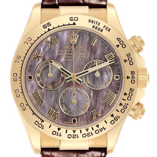 The Rolex Daytona 116518 Men's Yellow Gold Mother of Pearl Dial 116518 Men's Yellow Gold Mother of Pearl Dial watch is shown from the front, highlighting its dial, bezel, and crown.
