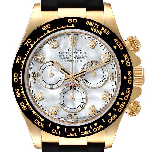 This image shows a Rolex Daytona 116518 Men's Yellow Gold Mother of Pearl Dial 116518 Men's Yellow Gold Mother of Pearl Dial watch face with a mother-of-pearl dial, black bezel, and black strap.