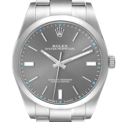 The Rolex Oyster Perpetual 114300 Men's Stainless Steel Grey Dial 114300 Men's Stainless Steel Grey Dial watch is shown from the front, displaying the face, bezel, crown, and part of the bracelet.